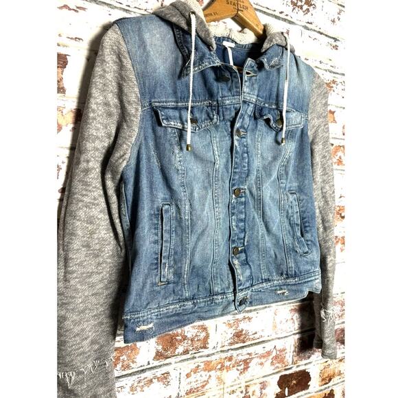 Free People Indie Wash Knit Hood & Sleeve Sweater Pure Cotton Jean Jacket - Picture 7 of 13